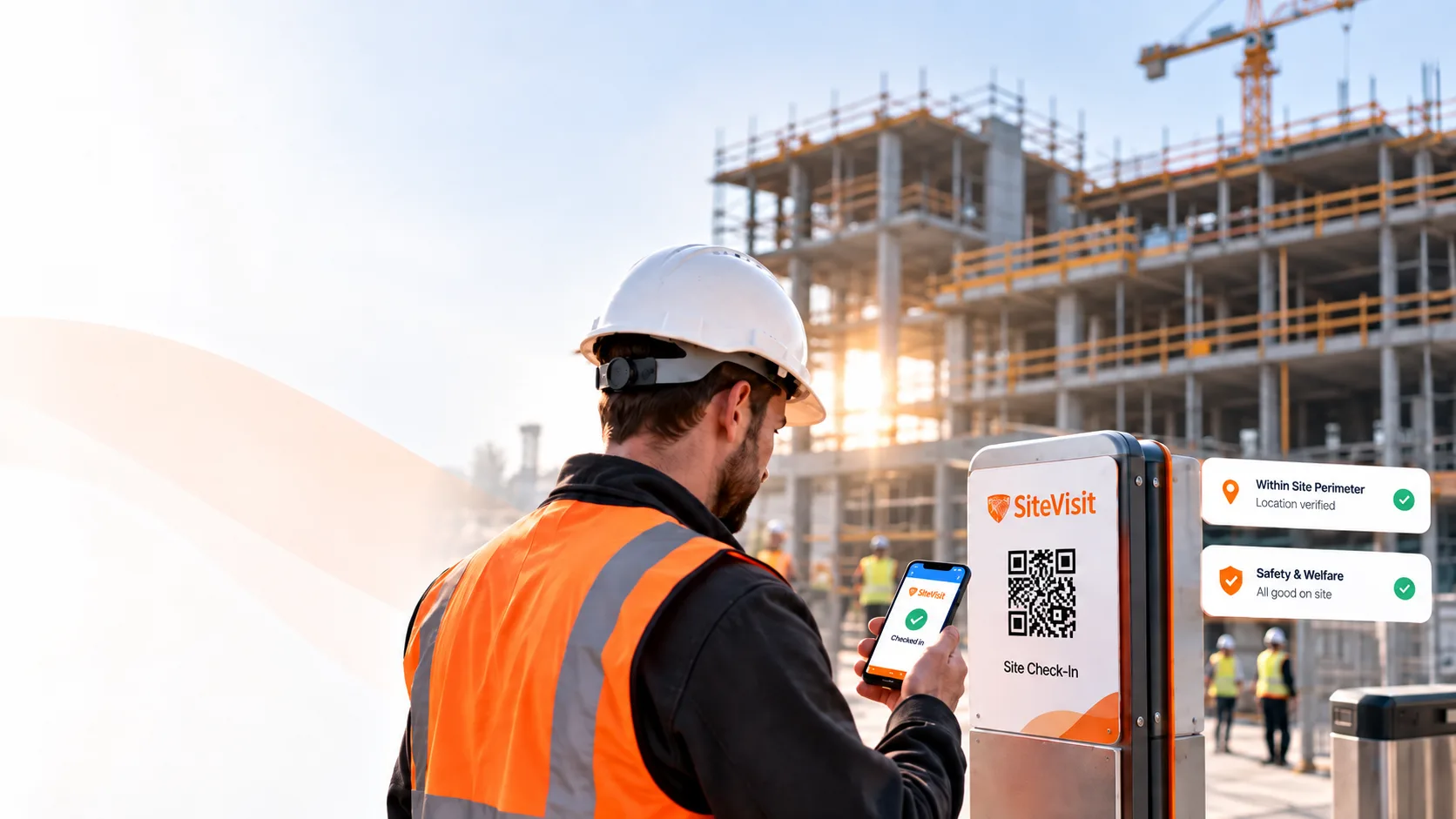 Construction worker scanning a SiteVisit QR code at a site entrance kiosk while safety and location notifications appear.